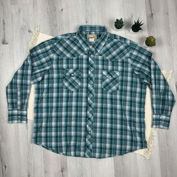 Wrangler Other - Wrangler Men Button Up Shirt 2XL Green Blck Plaid Western Pearl Snap Long Sleeve
